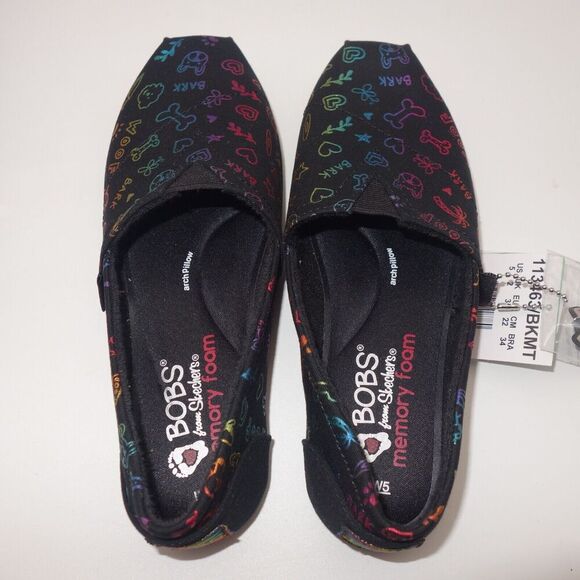 New Skechers BOBS Bone & Collar Black Dog Print Plush Slip On Shoe Women's 5 - Picture 3 of 5